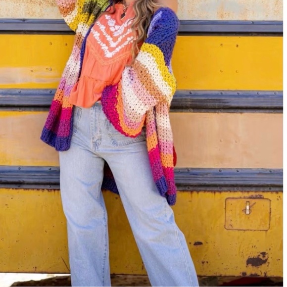 THREE BIRD NEST Wrapped in Color Chunky Knit Bright Colorful Cardigan Small VGUC - Picture 8 of 13